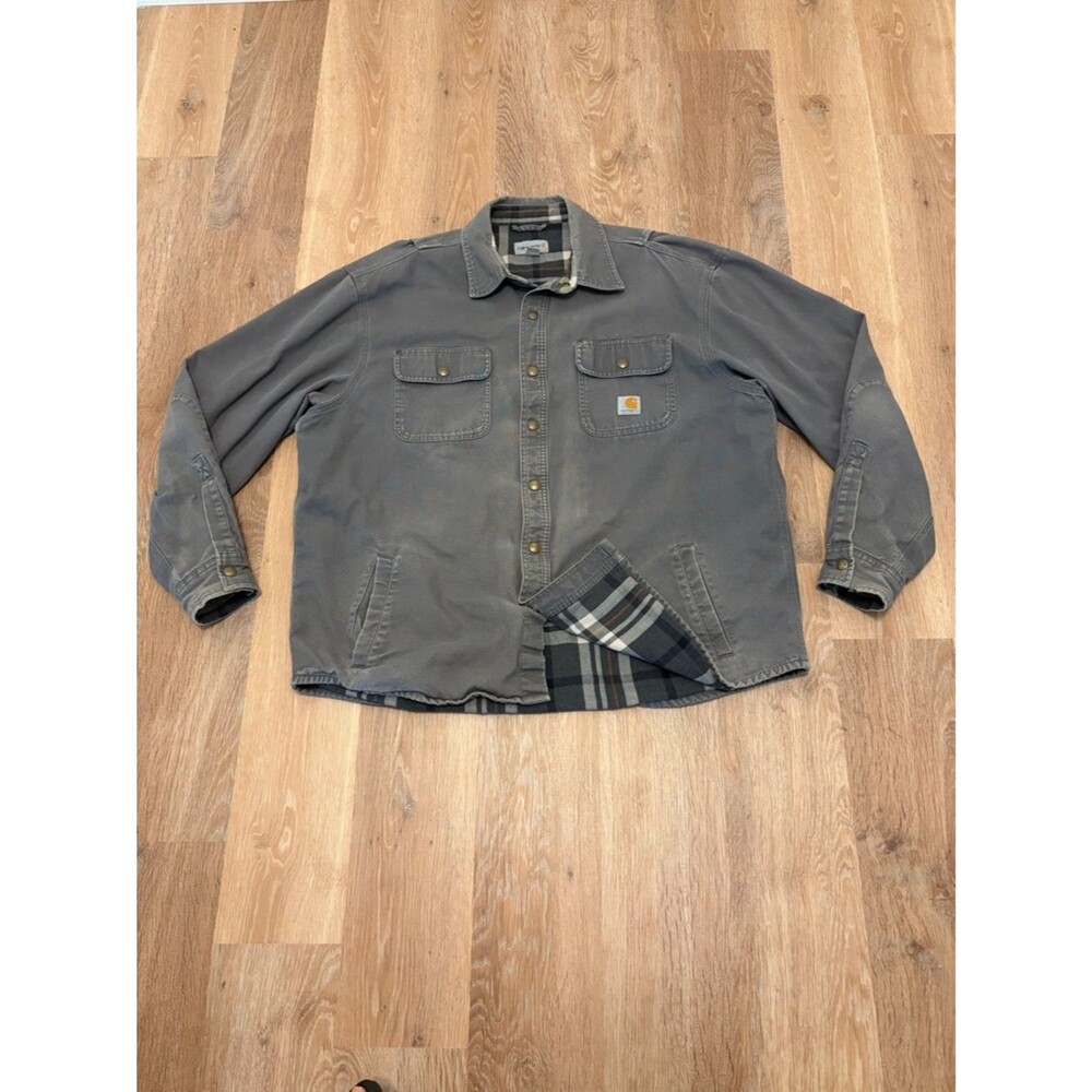 Carhartt Hubbard Plaid Flannel Lined Shirt Jacket XL Shadow Grey Canvas Snap Up